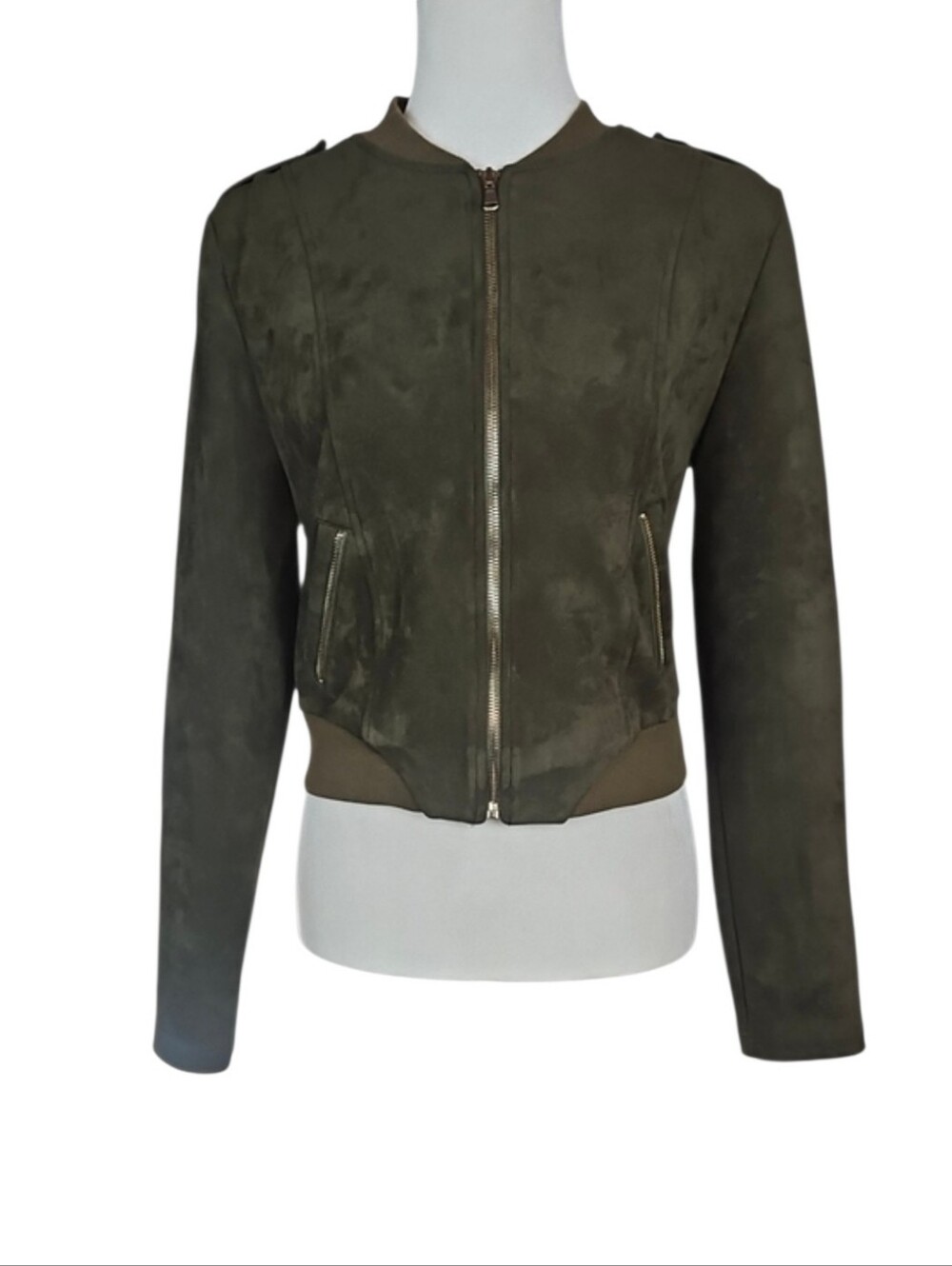 Soft Vegan Suede Corset Back Military Moto Biker Bomber Jacket Olive Moss Green